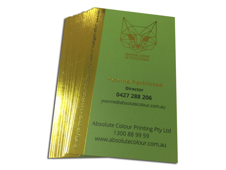 Luxurious 700gsm satiin artboard. Double thickness of most business cards. Hot gold foil stamping.